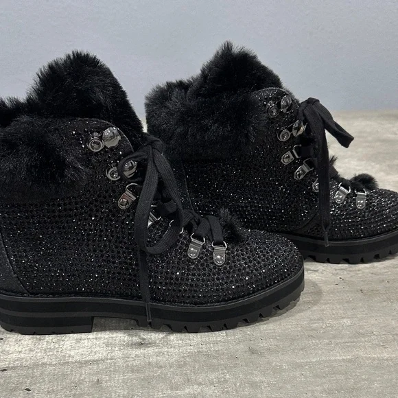 Jessica Simpson Black Sparkle Lace Up Boots - Picture 2 of 5